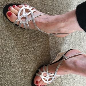 Elegant silver leather and cork wedge sandals,